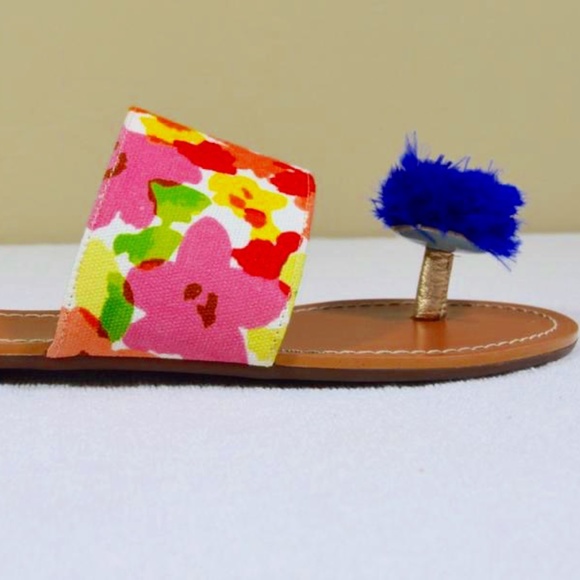 Frances Valentine Multicolor Floral Flats with Blue Pom Pom - Picture 5 of 8